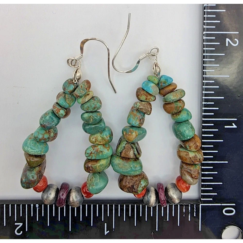 Turquoise‎ Nugget Dangle Earrings Red Coral Navajo Pearls 2